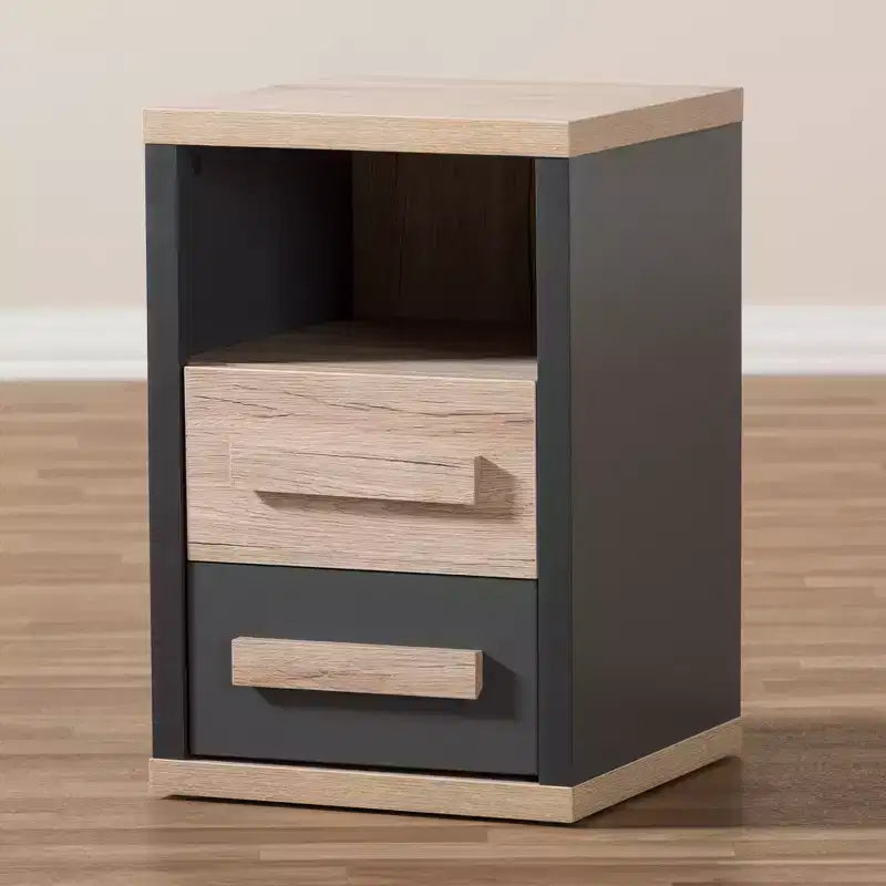 Table de chevet à 2 tiroirs bicolore gris foncé et chêne (assemblage par 1 personne)