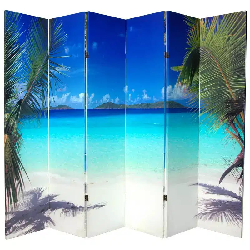 Paravent en toile à 6 panneaux double face Plage tropicale bleue