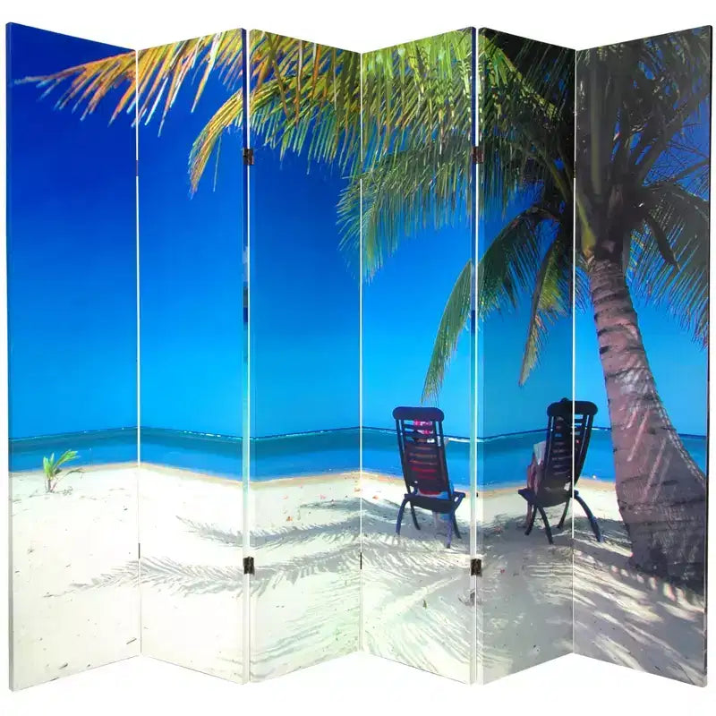 Paravent en toile à 6 panneaux double face Plage tropicale bleue