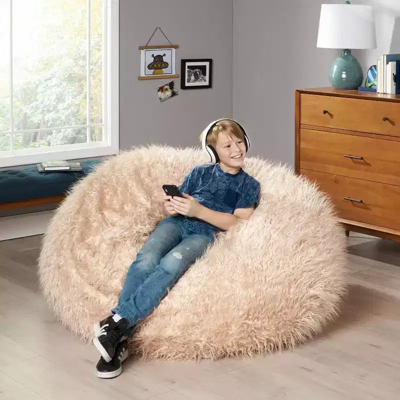 Pouf poire 1 place en fausse fourrure lavande/taupe