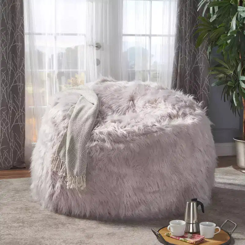 Pouf poire 1 place en fausse fourrure lavande/taupe
