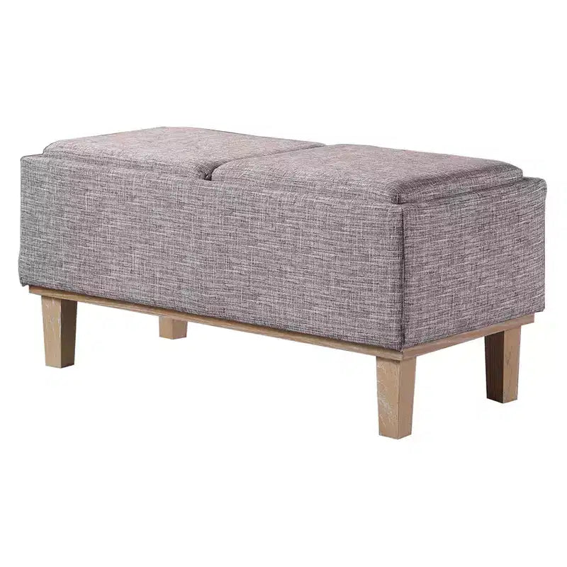 Pouffe de rangement rectangulaire gris capitonné à pieds en bois, 1 place