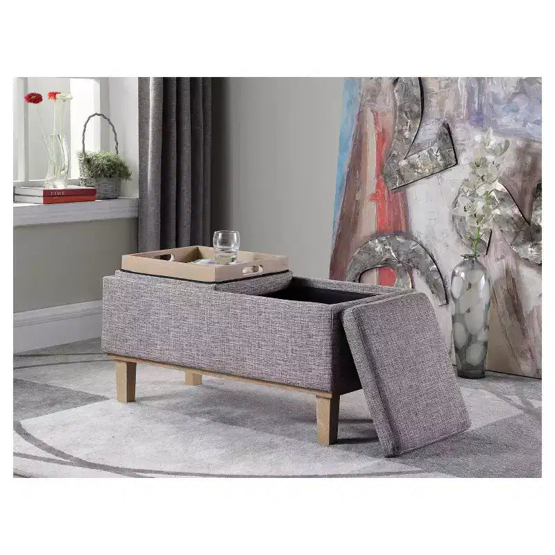 Pouffe de rangement rectangulaire gris capitonné à pieds en bois, 1 place