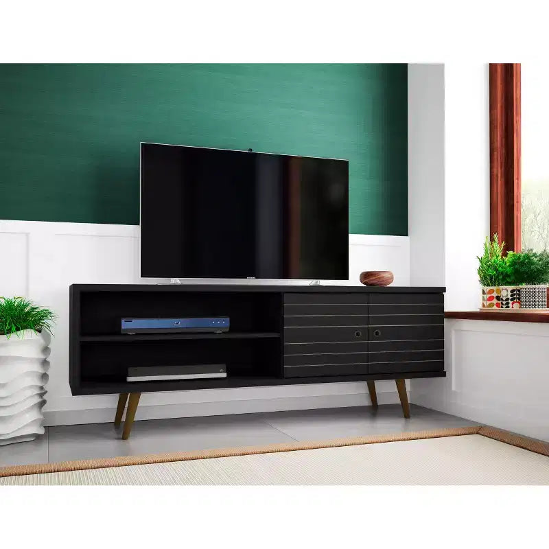 Meuble TV en MDF avec 2 étagères et 2 portes d'armoire, convient jusqu'à 60", 1 personne