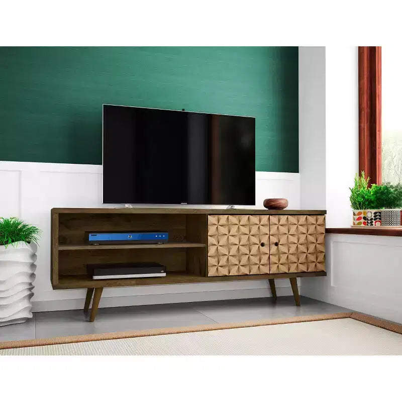 Meuble TV en MDF avec 2 étagères et 2 portes d'armoire, convient jusqu'à 60", 1 personne