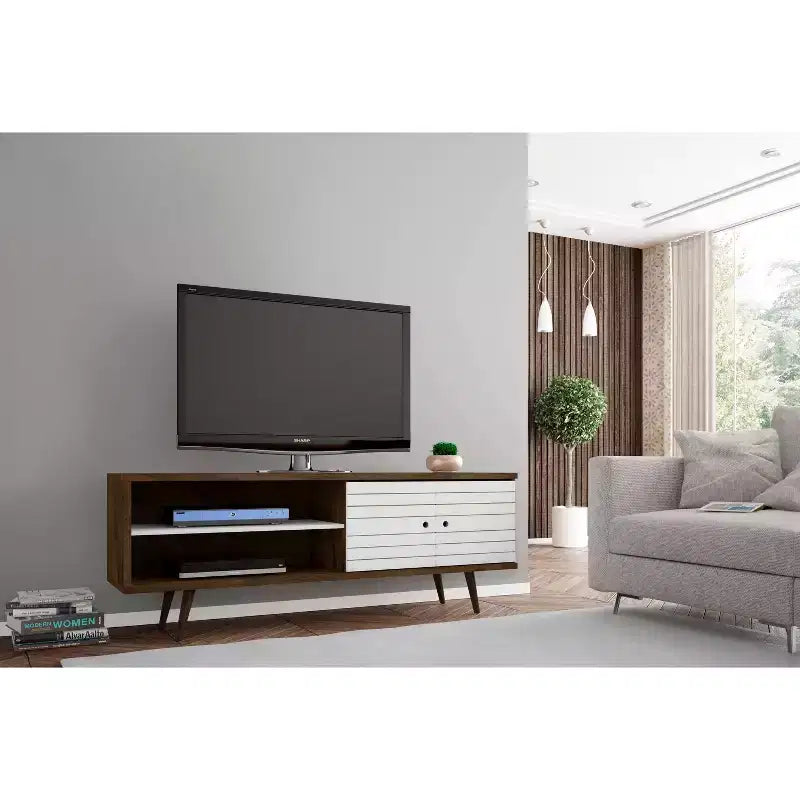 Meuble TV en MDF avec 2 étagères et 2 portes d'armoire, convient jusqu'à 60", 1 personne