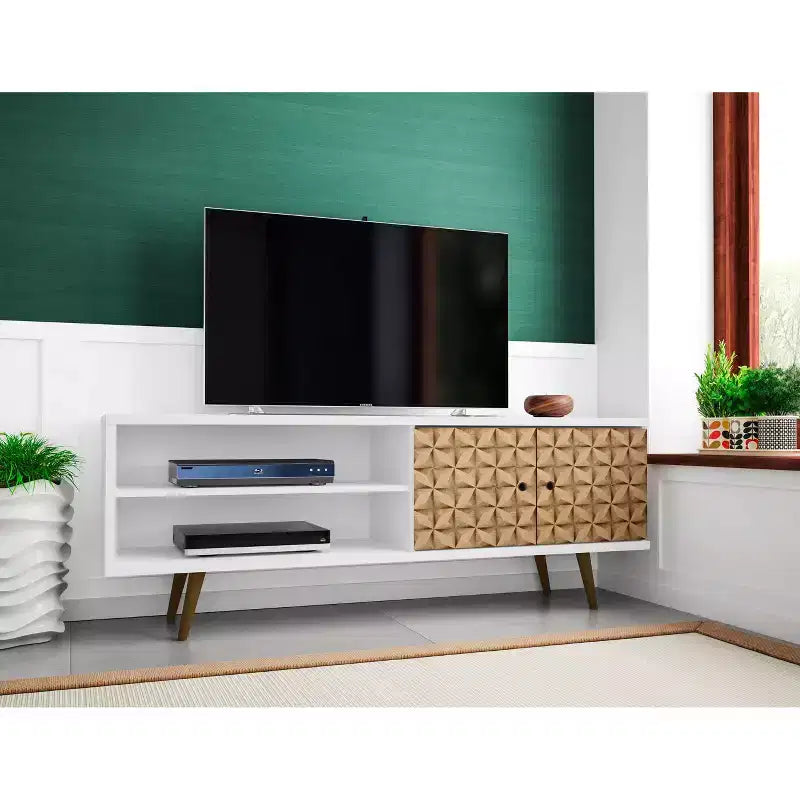 Meuble TV en MDF avec 2 étagères et 2 portes d'armoire, convient jusqu'à 60", 1 personne