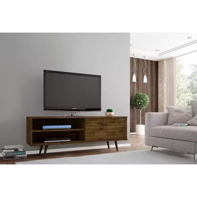 Meuble TV en MDF avec 2 étagères et 2 portes d'armoire, convient jusqu'à 60", 1 personne