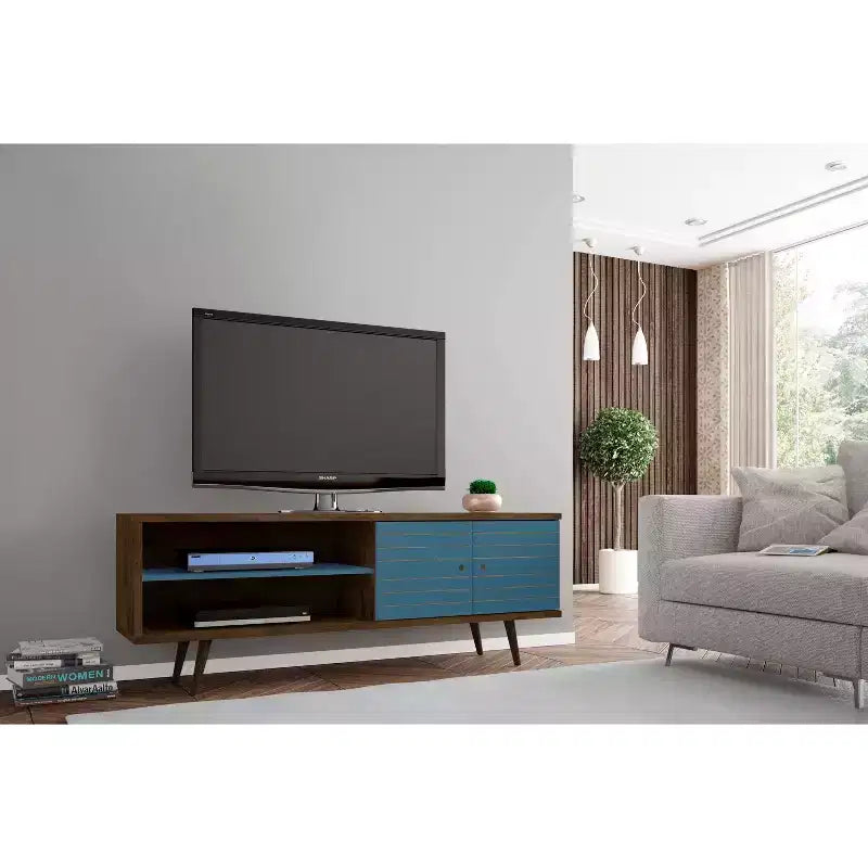 Meuble TV en MDF avec 2 étagères et 2 portes d'armoire, convient jusqu'à 60", 1 personne