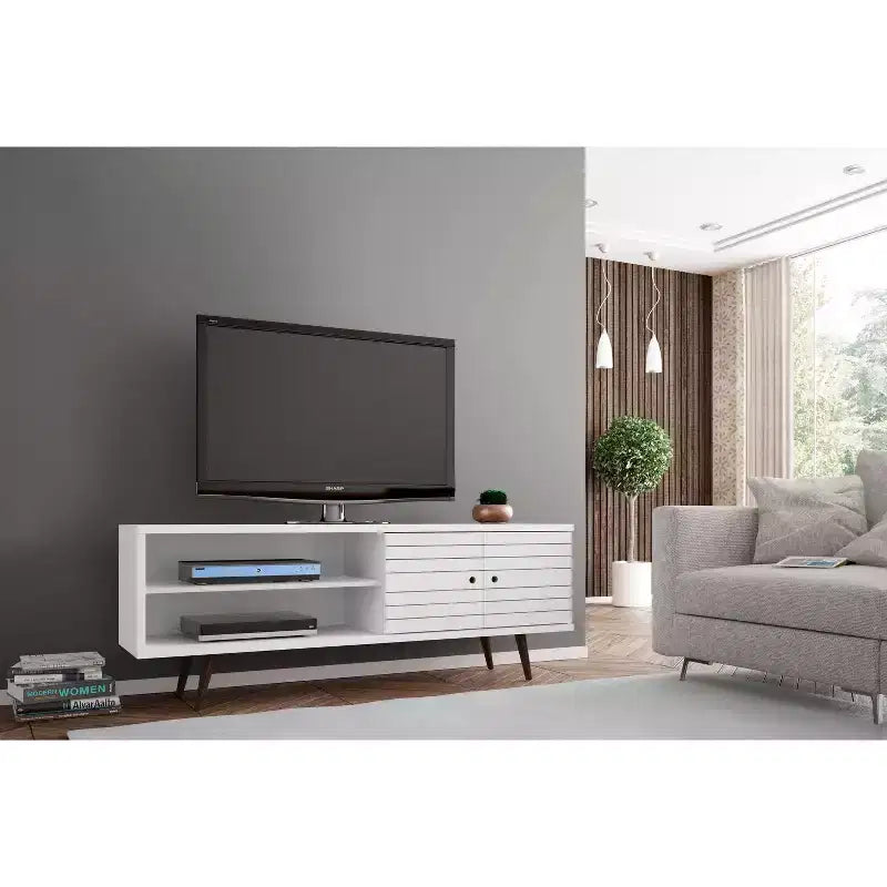 Meuble TV en MDF avec 2 étagères et 2 portes d'armoire, convient jusqu'à 60", 1 personne