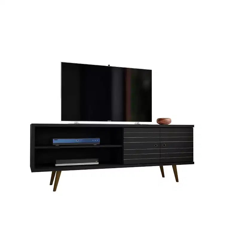 Meuble TV en MDF avec 2 étagères et 2 portes d'armoire, convient jusqu'à 60", 1 personne