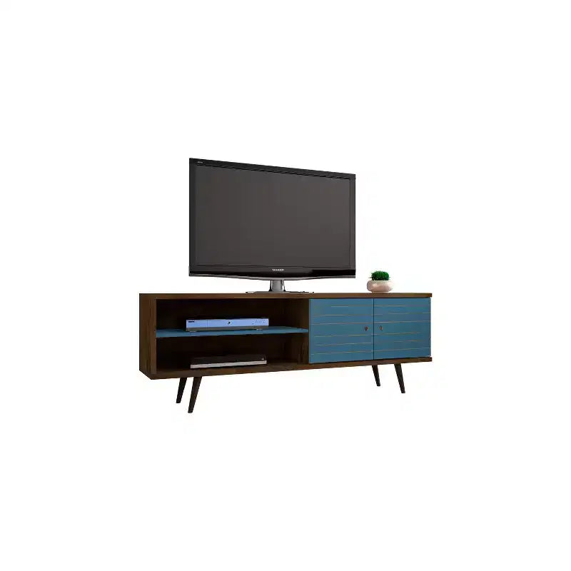 Meuble TV en MDF avec 2 étagères et 2 portes d'armoire, convient jusqu'à 60", 1 personne