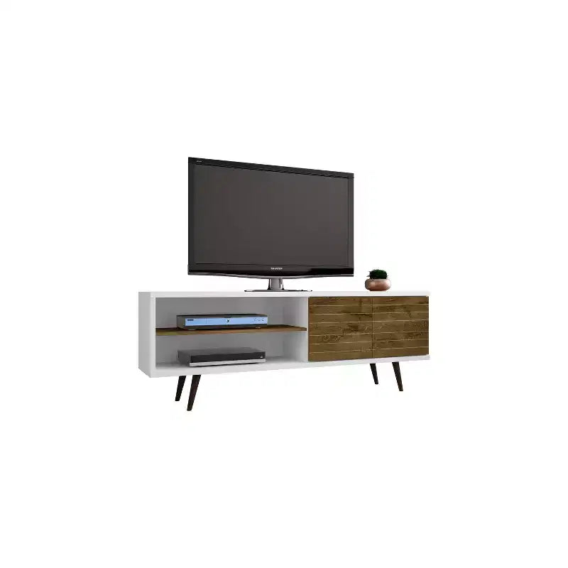 Meuble TV en MDF avec 2 étagères et 2 portes d'armoire, convient jusqu'à 60", 1 personne