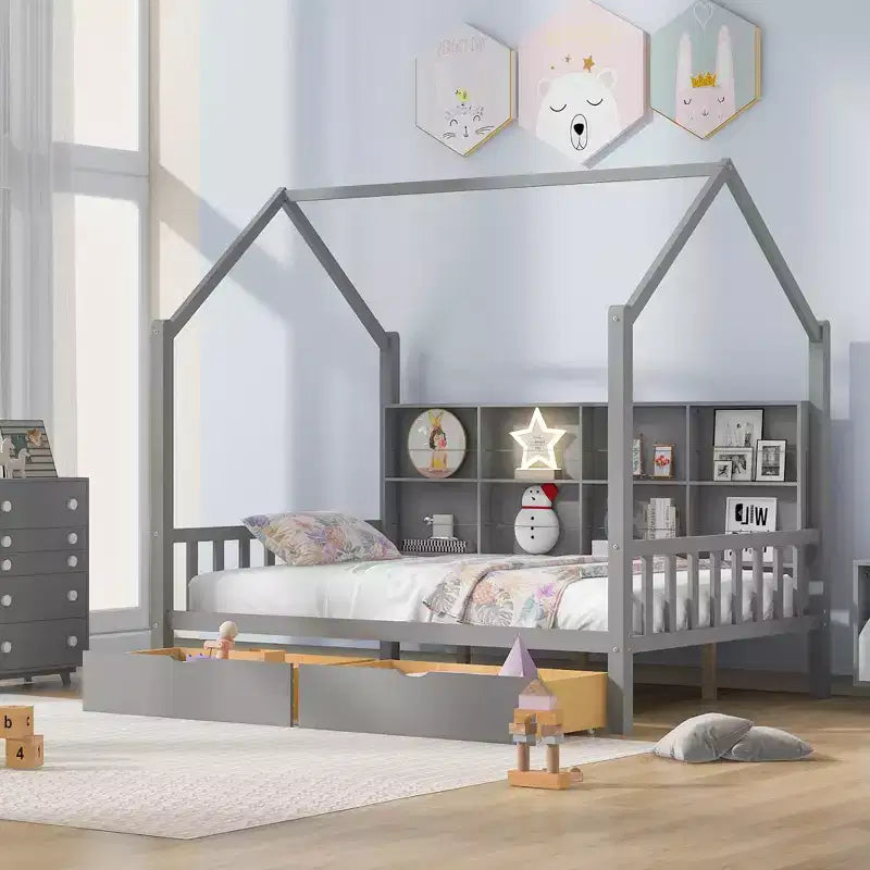 Wooden Platform House Bed with Trundle and Shelf-ModernLuxe