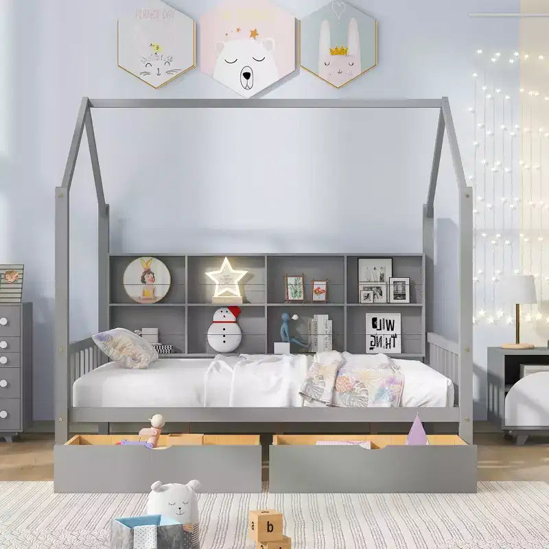 Lit cabane blanc pour enfants avec tiroir gigogne et étagère, taille simple/double, 2 couchages