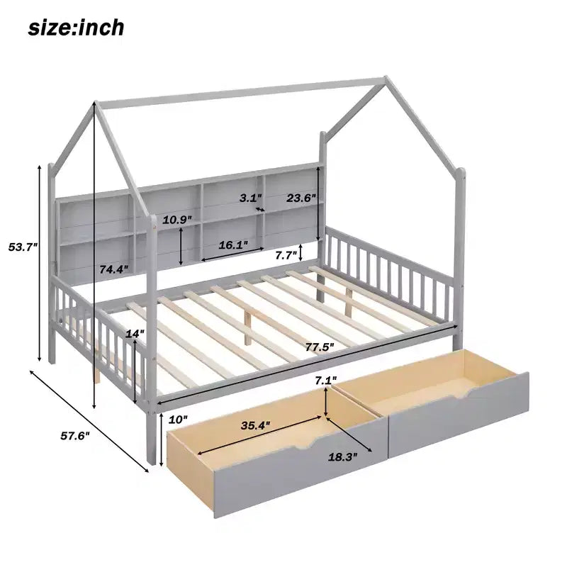Lit cabane blanc pour enfants avec tiroir gigogne et étagère, taille simple/double, 2 couchages