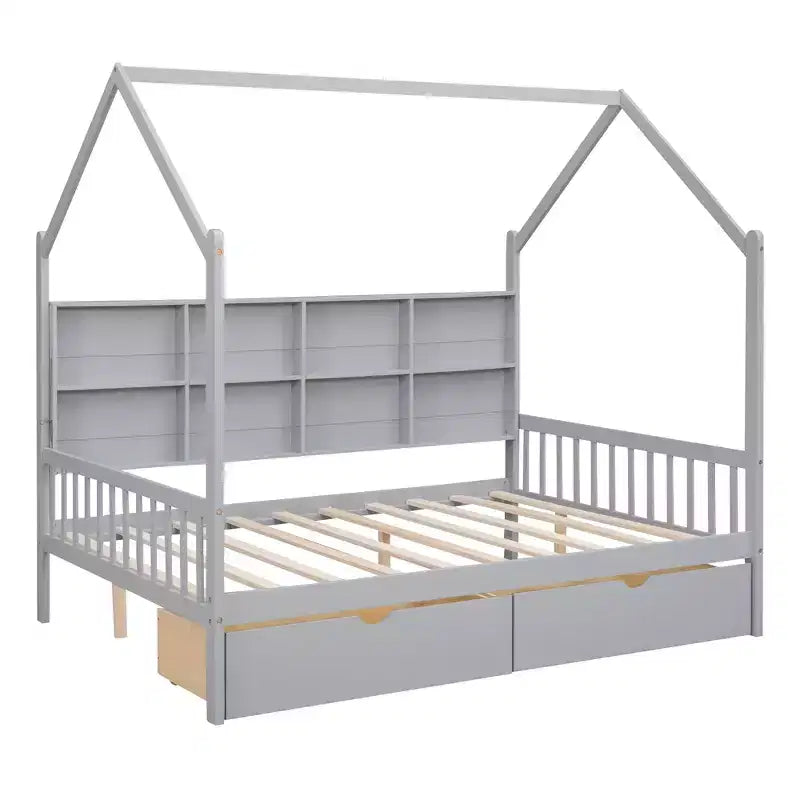 Lit cabane blanc pour enfants avec tiroir gigogne et étagère, taille simple/double, 2 couchages