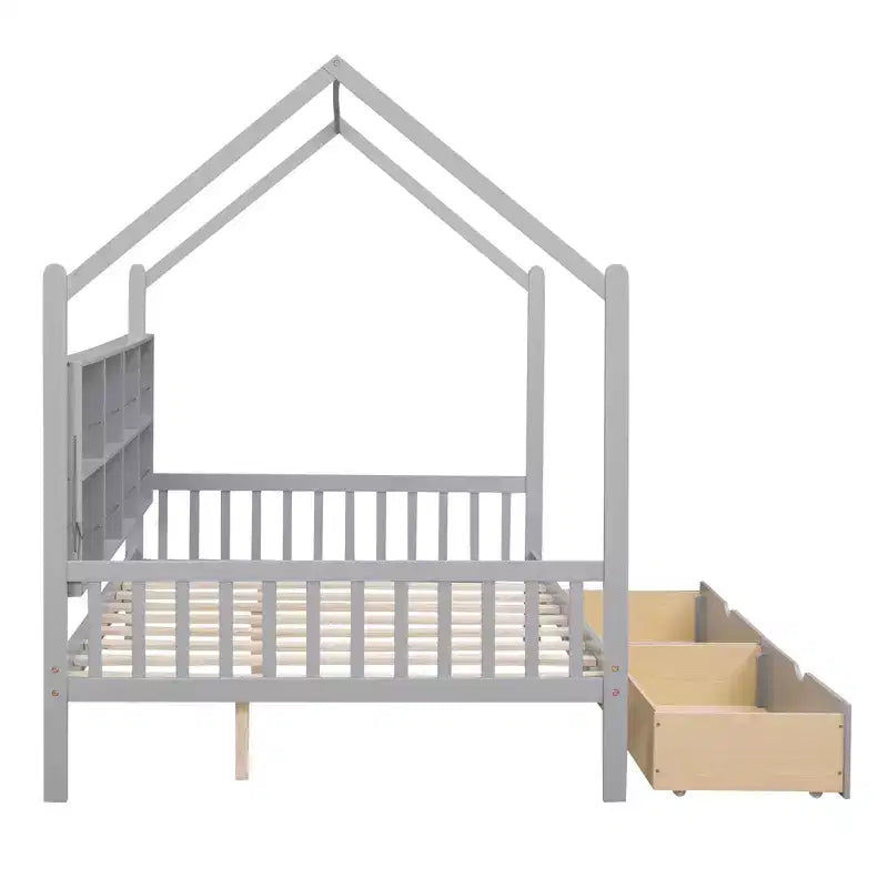 Lit cabane blanc pour enfants avec tiroir gigogne et étagère, taille simple/double, 2 couchages