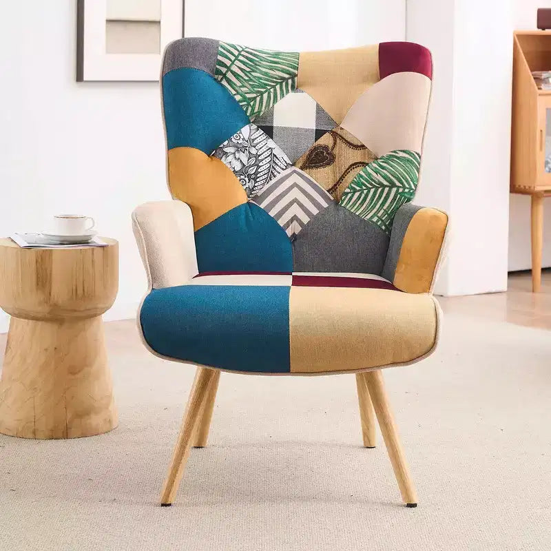 Fauteuil crapaud d'appoint patchwork avec pieds en bois d'hévéa