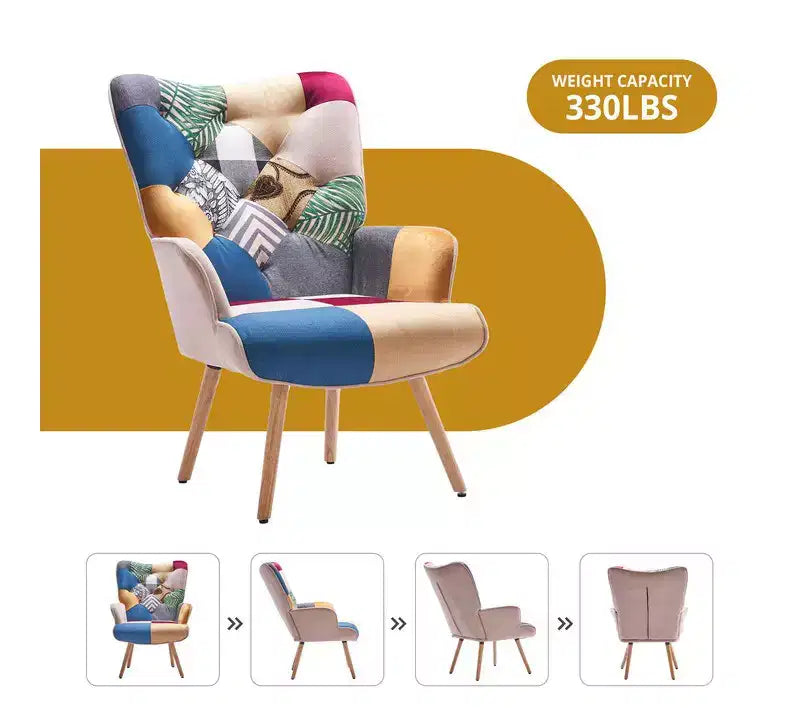 Fauteuil crapaud d'appoint patchwork avec pieds en bois d'hévéa