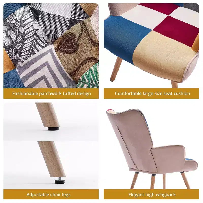 Fauteuil crapaud d'appoint patchwork avec pieds en bois d'hévéa