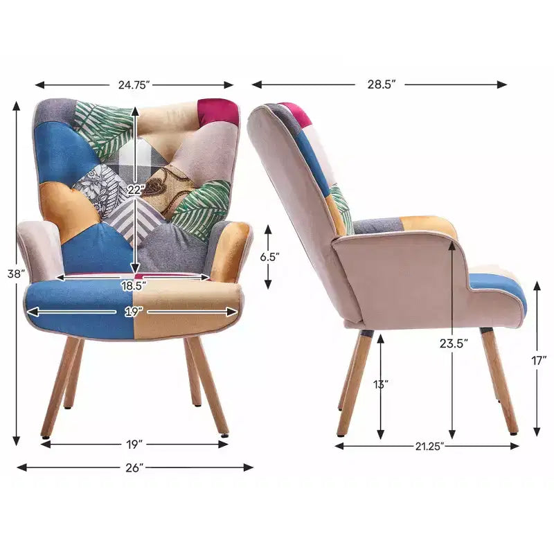 Fauteuil crapaud d'appoint patchwork avec pieds en bois d'hévéa